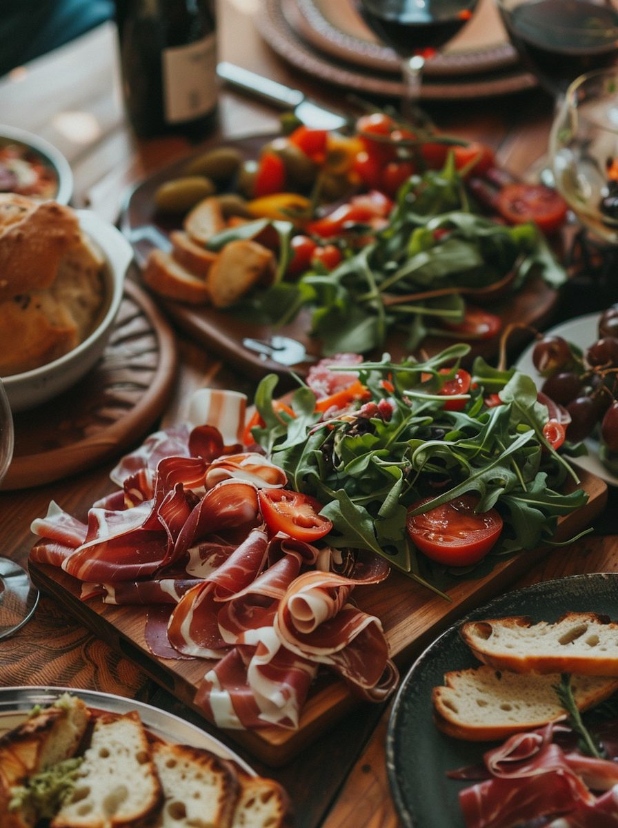 Une planche de charcuterie, roquette et tomates sur une table en bois